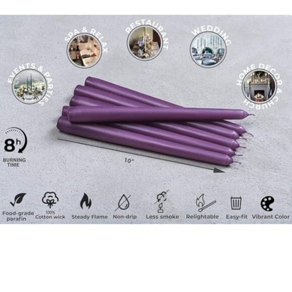 10 Dinner Taper Candles 10 Inch Unscented Tall Dripless Candlesticks, Purple - Picture 3 of 9